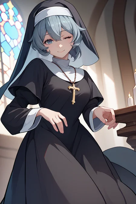 score_9, score_8_up, score_7_up, score_6_up, source_anime, 1girl, solo <lora:syrflova-pdxl-nvwls-v1-000004:1> dmSyr, grey hair, medium hair, folded ponytail, nun habit, black dress, long dress, wink, smile, looking at you, indoors, nun