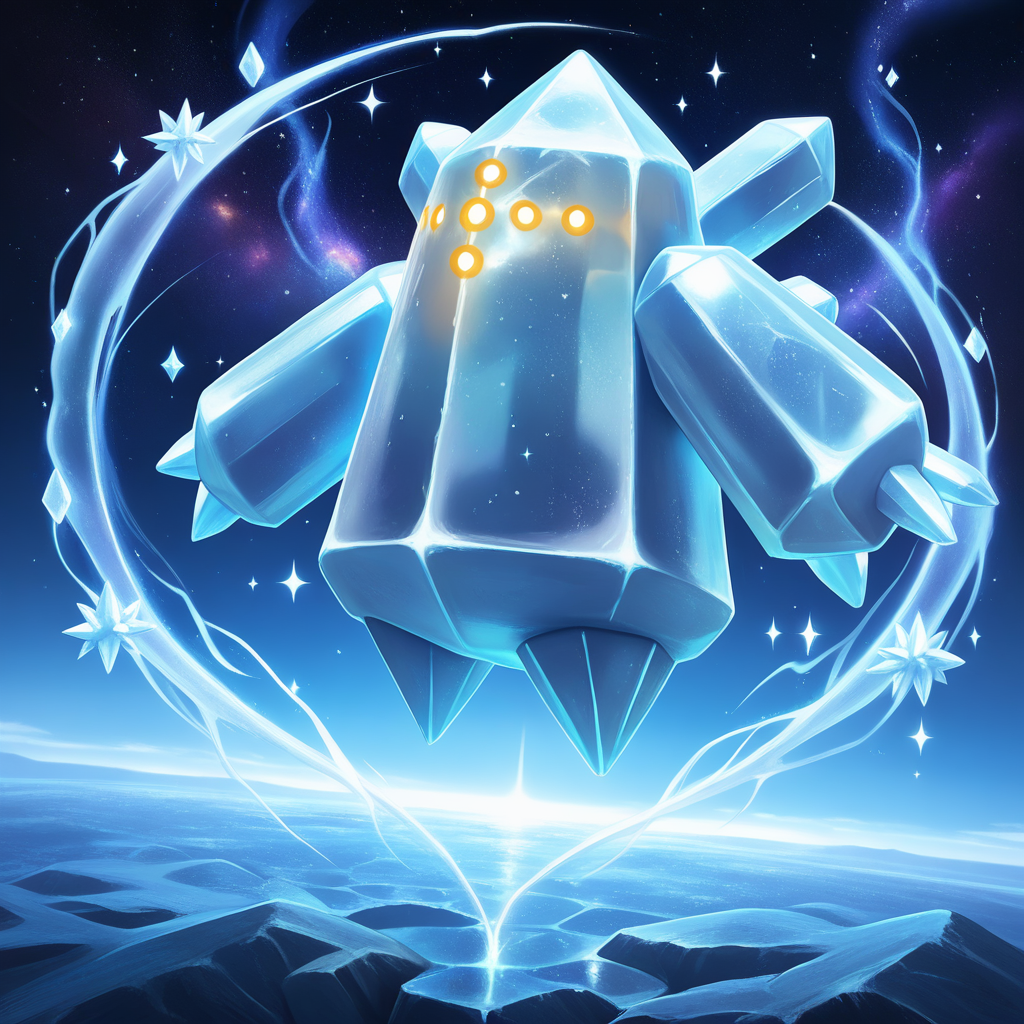 detailed, detailed_background, vibrant, amazing quality, rtx, cinematic ambience, <lora:regice-15:1> (pregi), pokemon \(creature\), ice_body, symmetrical_design, crystal body, ice body, 1other, ice aura, celestial, geometric body, no humans, galaxy, horizon, realistic, ultra realistic, ultra-detailed,