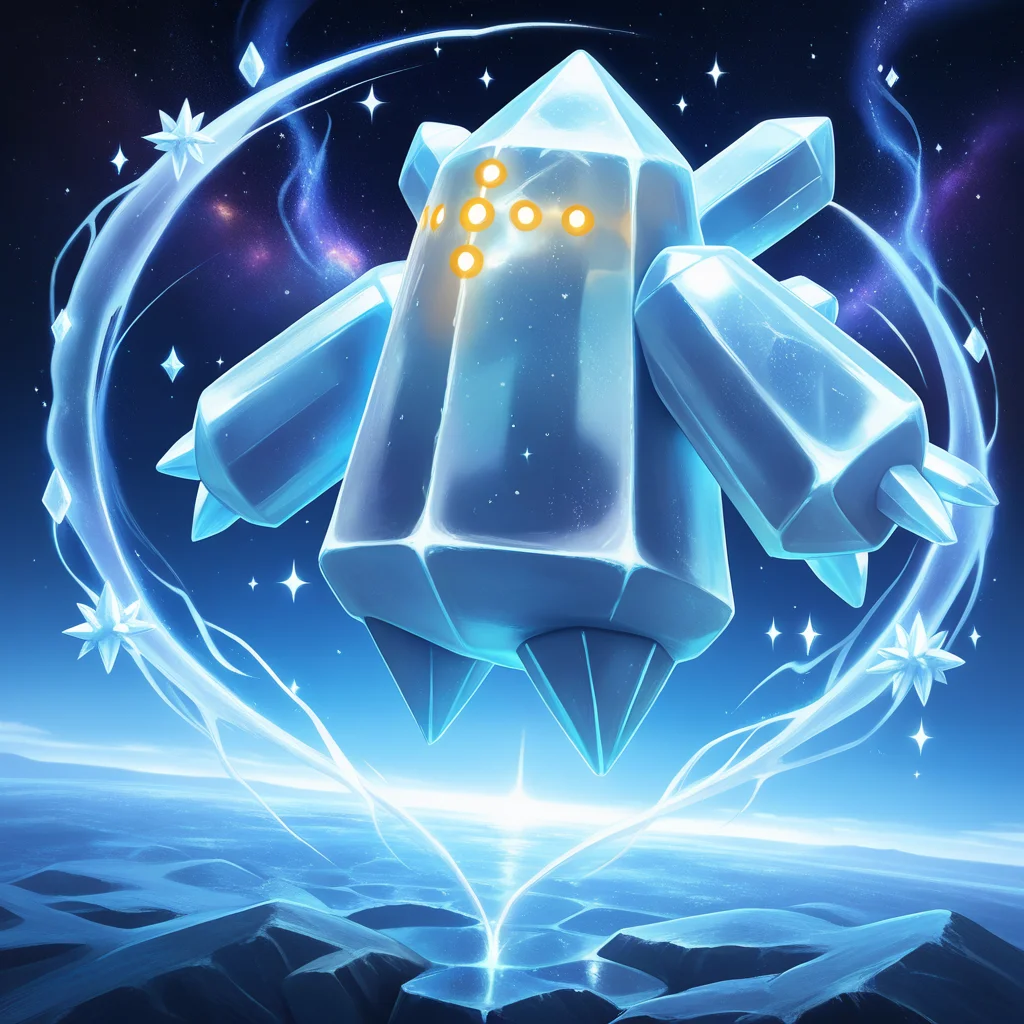 detailed, detailed_background, vibrant, amazing quality, rtx, cinematic ambience, <lora:regice-15:1> (pregi), pokemon \(creature\), ice_body, symmetrical_design, crystal body, ice body, 1other, ice aura, celestial, geometric body, no humans, galaxy, horizon, realistic, ultra realistic, ultra-detailed,
