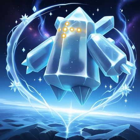 detailed, detailed_background, vibrant, amazing quality, rtx, cinematic ambience, <lora:regice-15:1> (pregi), pokemon \(creature\), ice_body, symmetrical_design, crystal body, ice body, 1other, ice aura, celestial, geometric body, no humans, galaxy, horizon, realistic, ultra realistic, ultra-detailed,