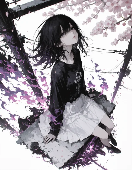 <lora:r17329_illu-000015:1>,r17329_illu,masterpiece, newest,absurdres,1girl, solo,black hair, white skirt, black shirt, magic,dark aura,cherry blossoms, power lines, sitting, arms at side, sprawled,dynamic pose, looking up viewer, (from above:1.2), parted lips, perspective,wind,abstract background, whitebackground,purple flames
,blurry edges, film grain,close_up,chromatic aberration,