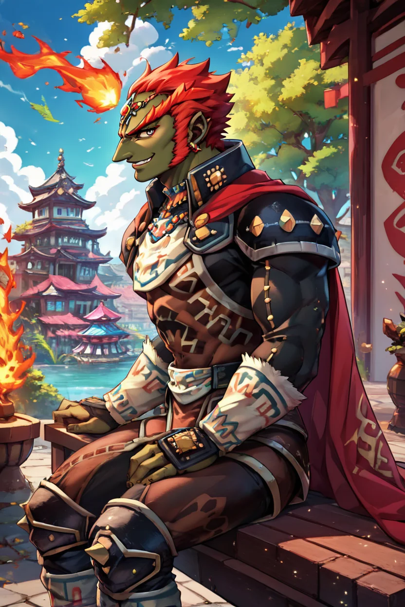 score_9, score_8_up, score_8, BREAK, , ,,, (upper body), zzGanondorf, 1boy, red hair, dark skin, armor, gloves, jewelry, muscular, shoulder pads, short hair, cape, muscular, fire, aura, <lora:Ganondorf_OoTZelda_PDXL:0.8>, ,,,, BREAK, sitting on bench, side view, smile, looking at viewer, cowboy shot, ,,, BREAK, pnkBldng, sky, day, cloud, tree, blue sky, building, architecture, east asian architecture, ,,, BREAK, embedding:zPDXL, Expressiveh, ,,, <lora:PinkBuildingsPDXL_v2:0.6>, <lora:SDXLFaeTastic2400:0.5>, <lora:Expressive_H-000001:0.4>