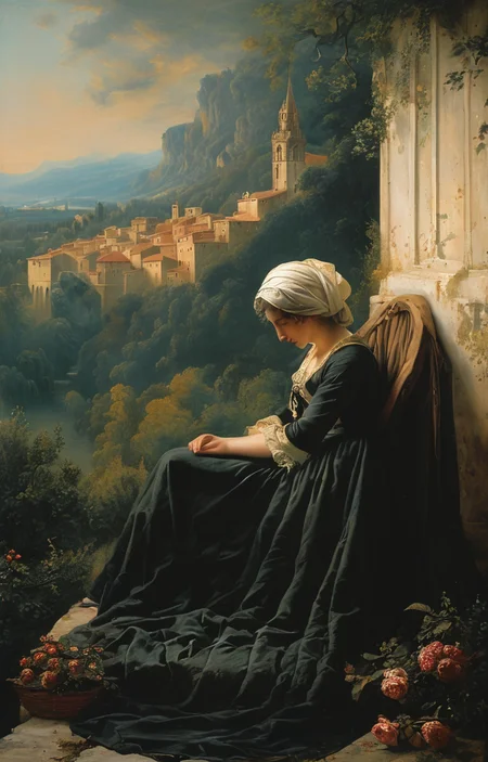 masterpiece,best quality,<lora:tbh152-sdxl:0.8>,illustration,style of Élisabeth Vigée-Lebrun Nazgul over sleeping town