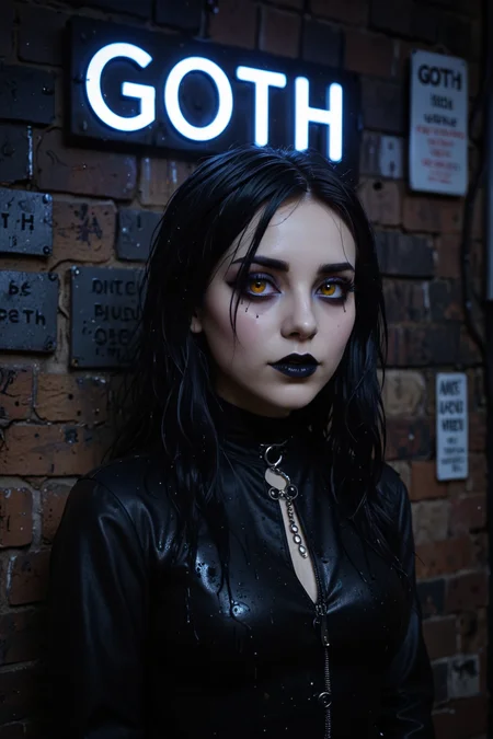 <lora:Flux-style-xl-lora:0.3> flux-style, (black neon sign on the wall saying ""Goth"":1.5), A detailed analog photograph of a Goth woman, standing in a dark alley at night, raining, wet hair, streaked black mascara under eyes