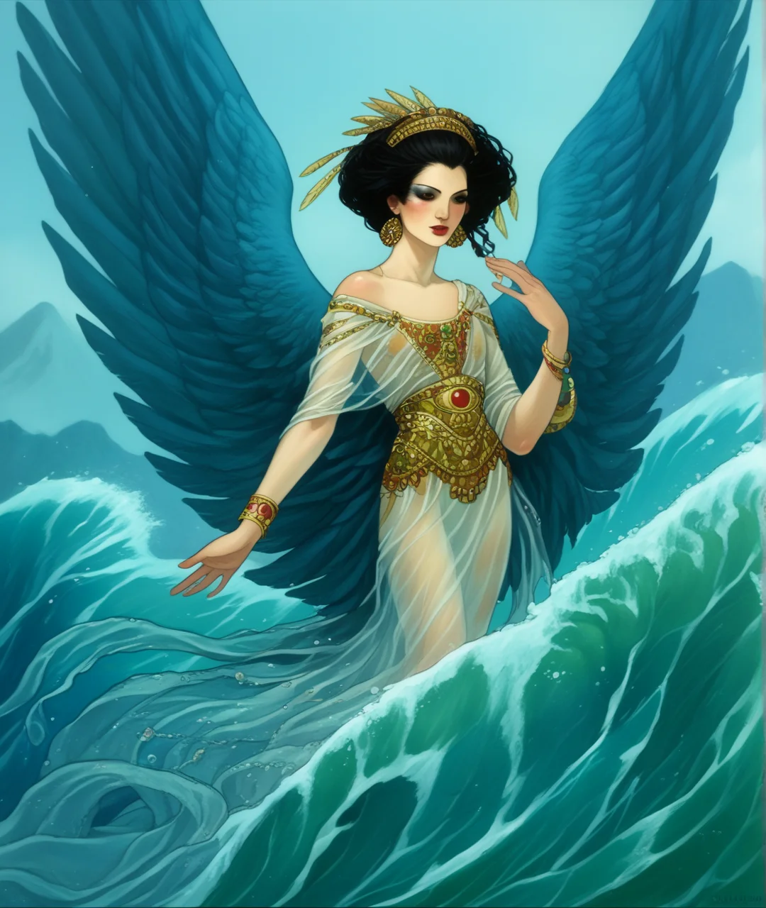 score_9, score_8_up, score_7_up, score_6_up,
BREAK
1girl, wings, black hair, jewelry, solo, fine art parody, water, bracelet, feathered wings, earrings, dress, hair ornament, traditional media, monster girl, see-through, angel wings, makeup, mountain, shawl, waves
<lora:RGv2:1>