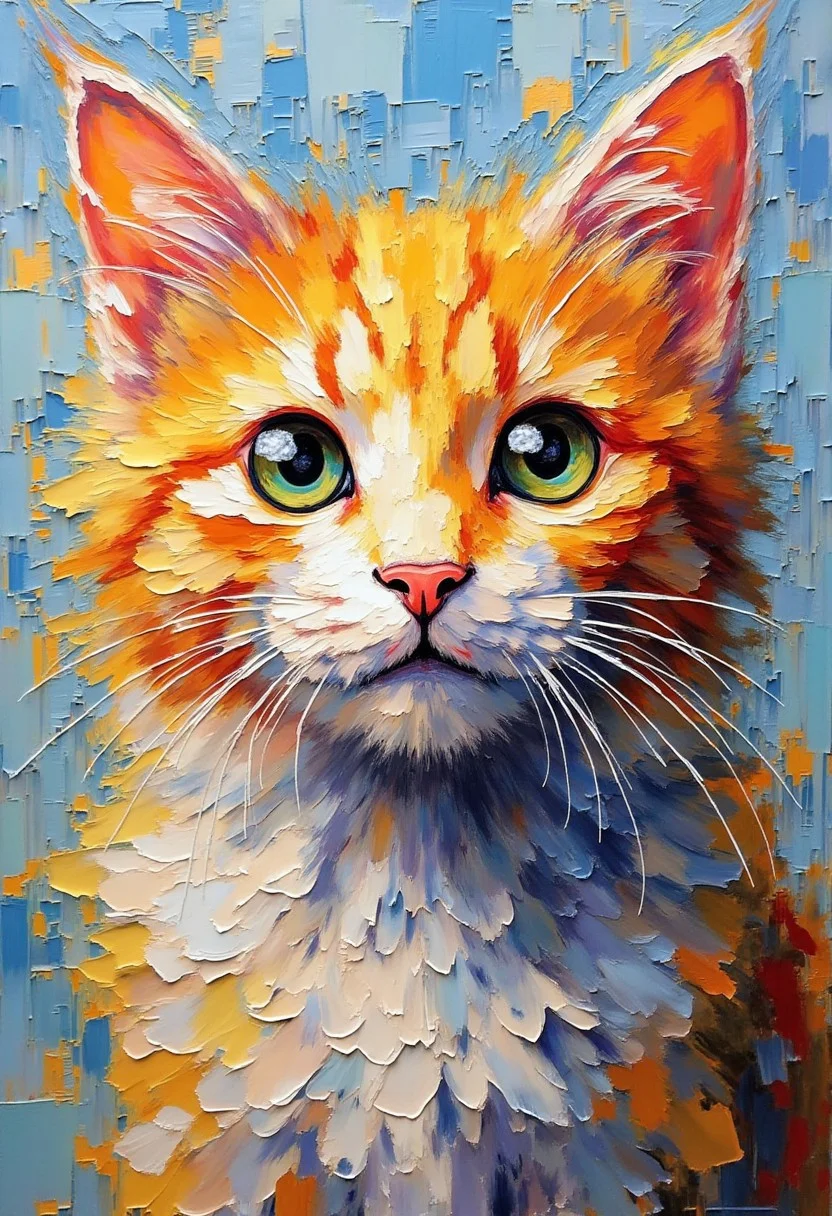 This is a vibrant artheon painting of a cat, rendered in bold, expressive brushstrokes using thick, textured oil paint. The cat's face is the central focus, depicted with a striking, vivid palette that blends warm and cool tones. The cat's fur is predominantly orange and white, with the orange covering the head and face, and white on the neck and chest. Its eyes are a bright, captivating green, which contrast starkly with the surrounding colors. The fur appears fluffy, with expressive, swirling brushstrokes that give it a three-dimensional, textured look.