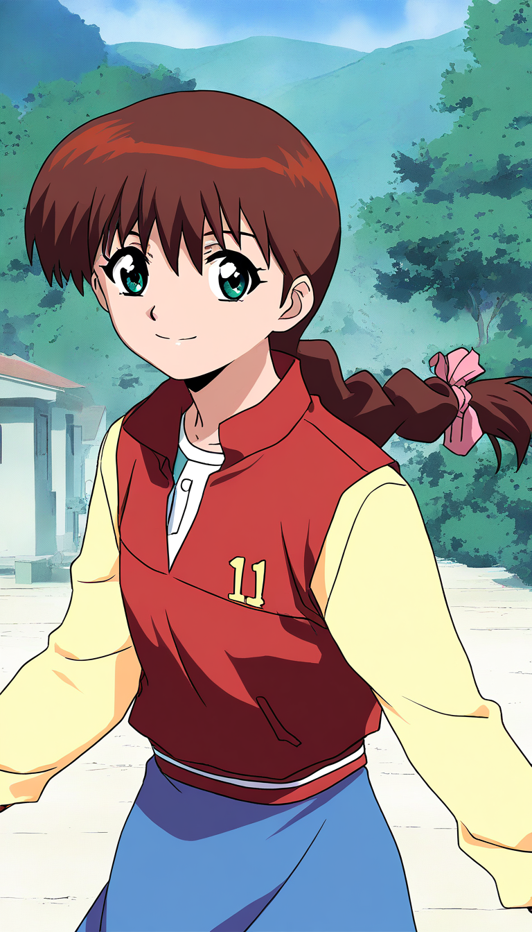 masterpiece, best quality, good quality, <lora:Miyanoshita_Satsuki_IS:1>
Miyanoshita_Satsuki, 1girl, brown hair, green eyes, single braid, long hair, bangs, 11,
blue skirt,red vest,Yellow long sleeves,
 anime coloring,  day, outdoor,
smile,looking at viewer, cowboy_Shot,