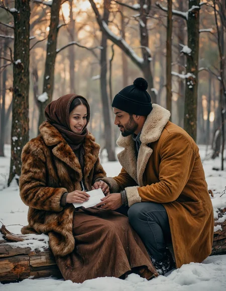 Rembrandt style <lora:funnys:0.4>, This is a photograph capturing a serene winter scene in a snowy forest. Two people, a man and a woman, are seated on a log in the middle of the forest. The woman, on the left, is wearing a brown fur coat and a dark brown woolen scarf draped around her head, covering her hair. She has a gentle smile as she holds a white envelope in her hands. Her expression suggests a sense of contentment and joy.,
The man, positioned to the right, is dressed in a tan, heavy winter coat with a fur-lined hood. He wears a black knit hat and has a slight beard. He is seated on the log, leaning towards the woman, and appears to be engaged in conversation with her. Both individuals have a warm, intimate atmosphere, suggesting a close relationship.,
The background is filled with tall, snow-covered pine trees, their branches laden with snow. The ground is blanketed with snow, and the light filtering through the trees creates a soft, golden glow, enhancing the serene and peaceful mood of the scene. The overall image is a blend of natural textures, from the soft fur of their coats to the rough bark of the log, with a delicate, almost dreamy quality that evokes a sense of tranquility and connection., <lora:ssf-4bstr4ct:1> . Baroque, chiaroscuro, realistic, emotional, "flat lighting
