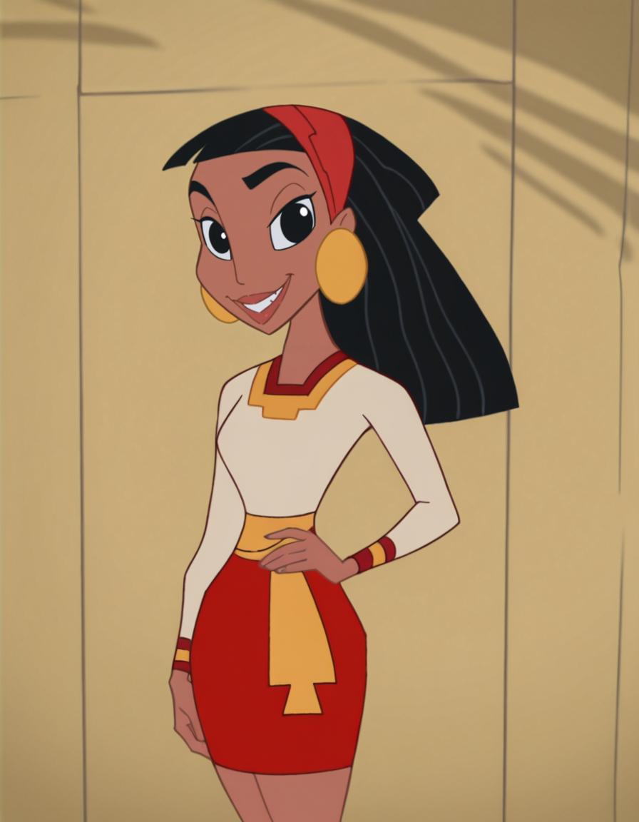 <lora:MalinaIllustrious1.0JLFO:1> malina, black hair, dark skin, jewelry, earrings, long hair, 1girl, black eyes, hairband, smile, solo, white shirt, skirt, shirt, looking at viewer, hand on own hip, cowboy shot,