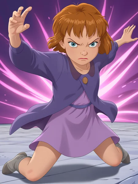 <lora:Jane Darling (Peter Pan):0.85> janedarling, unimpressed, looking at viewer, fighting stance