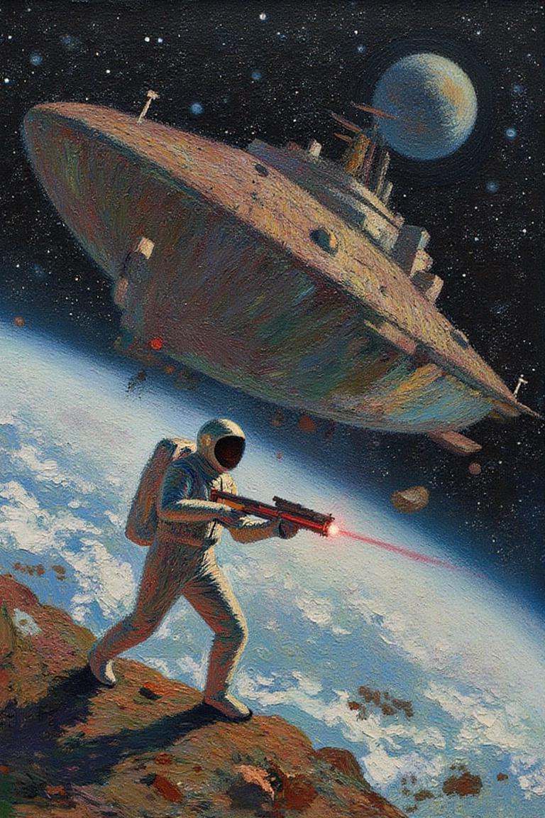 henrimartin1 painting.
An astronaut wearing sleek modern spacesuit holding a retro laser pistol on A massive, ancient spaceship floating derelict in deep space <lora:henrimartin1_cap_d8a4e12:1.0><lora:851864150912028685:0>