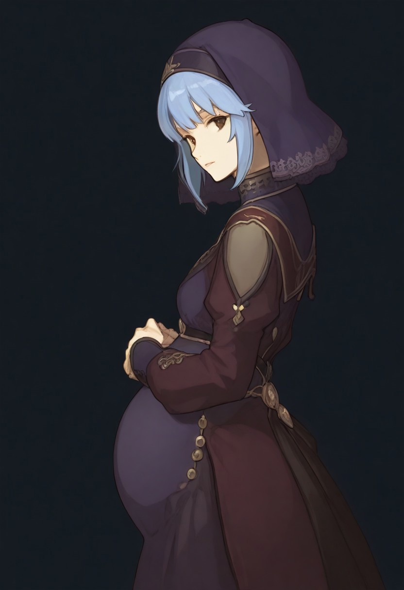 score_9, score_8_up, score_7_up, detailed, 
, clothed, pregnant, 
<lora:FE_Echoes_Shadows_of_Valentia_-_ArtStyle:1>, FE-Sh4d0ws, 1girl, solo, looking at viewer, short hair, simple background, long sleeves, white background, dress, brown eyes, blue hair, standing, upper body, looking back, from behind, veil, masterpiece, best quality, amazing quality, masterwork, cinematic light, harsh shadows, light and shadows, perfect composition, sidelocks,