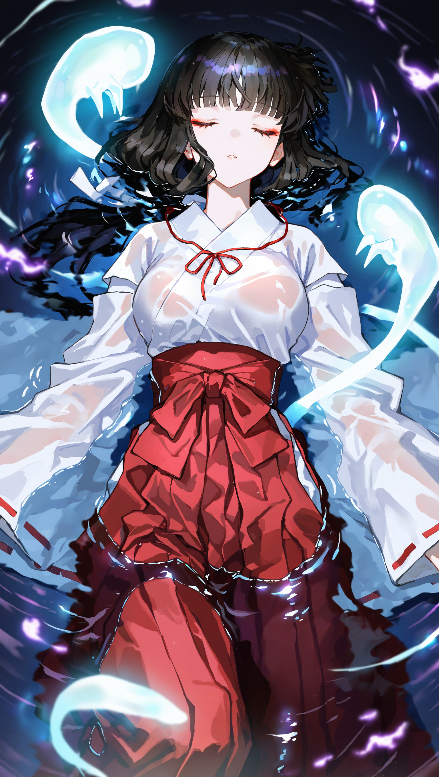 artist:[diyokama|fuzichoco|yoneyama mai|lam \(ramdayo\)|quasarcake], takahashi rumiko \(style\),
kikyou \(inuyasha\), 1girl, miko, black hair, long hair, solo, wet clothes, partially submerged, water, red hakama, blunt bangs, hakama skirt, closed eyes, afloat, parted lips, ripples, dark, purple light, 
glowing, shinidamachuu, spirit, hitodama, 
masterpiece, best quality, very awa, absurdres
 <lora:noobai_vpred_1_inuyasha_v1:1>
<lora:noobai_vpred_1_masterpieces_v1:1>
