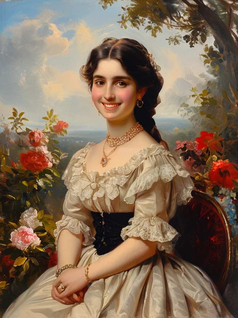 masterpiece,best quality,<lora:tbh121-sdxl:0.9>,portrait of people,smile,illustration,style of Franz Xaver Winterhalter,oil painting,