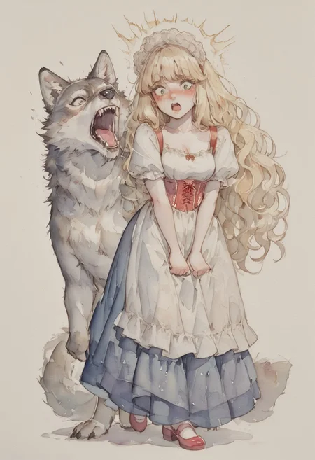 ( watercolor):2, (pastel colors), high detail, (lineless:1.2), (realistic), detailed, depth of field, dynamic lighting, masterpiece, detailed_eyes, high_quality, best_quality, highres, (muted colors), pencil lines,
girl, lovely, tender, blush, white skin, green eyes, full lips, blonde hair, very long hair, voluminous hair, wavy hair, lace headband in hair, blush, thick eyelashes, Victorian girl,
white shirt with square neckline, red corset with straps, blue skirt, white apron, medium breasts,
furious, yelling at wolf,
wolf at girl's feet, scared wolf,
white background,
full body,