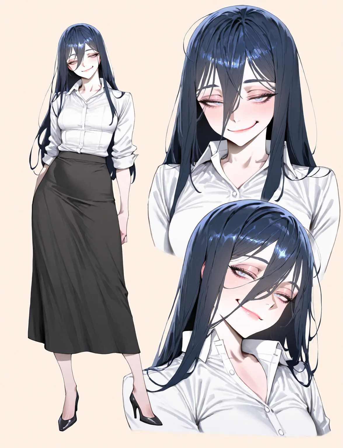 perfect quality, best quality, masterpiece, 1girl, solo, beige background, portrait, full body, reference sheet, close-up, eye focus,
white shirt, collared shirt, open collar, long skirt, black skirt, black high heels,
<lora:yukineshinogaki-03:1> yukineshinogaki, dark blue hair, light blue eyes, smirk, mature female, small breasts,
(kojima_takeshi:0.7), (bellhenge:0.6), (zeronis:0.7), (bacius:0.6), <lora:eatsleep111SDXL:0.5> eatsleep1111,
<lora:multipleviews_illustrious:1> multiple views,