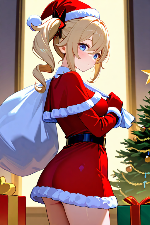 masterpiece, High quality, Ultra detailed, 2d, newest, absurdres, highres, BREAK
1girl, solo, <lora:barbara:0.8>, barbara_(genshin_impact), twintails, drills hair, blonde hair, blue eyes, 
medium breasts, barbaraNd, santa costume, santa hat, christmas, sack, merry christmas, gift, fur-trimmed headwear, holding sack, santa dress, fur-trimmed dress, christmas tree, christmas tree, fur trim, red capelet, gift box, red gloves, fur-trimmed capelet, santa gloves, red hat, hat,
