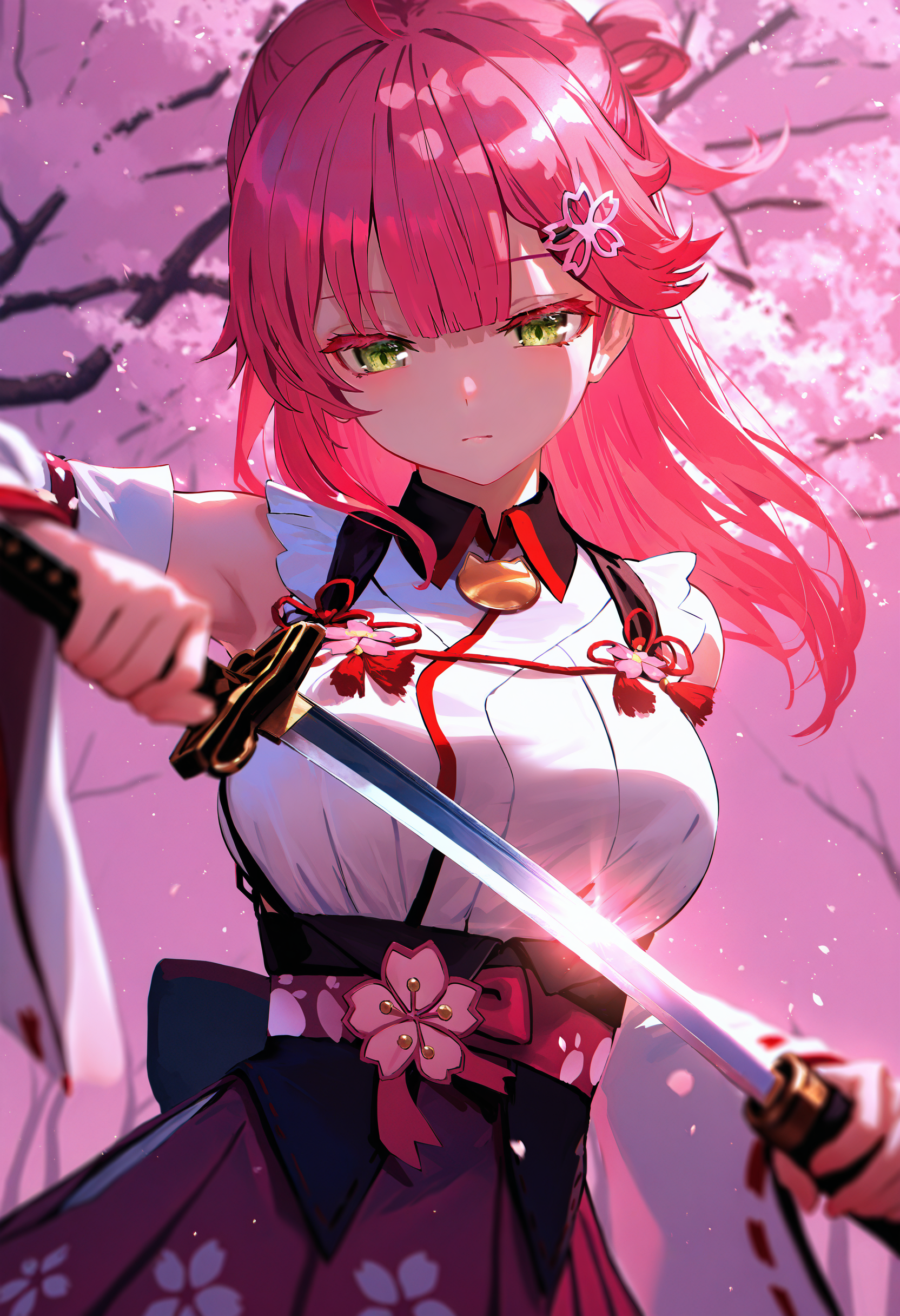 by [lack|fuzichoco|lam|kinta \(distortion\)|wlop|quasarcake|nixeu|happoubi jin],
sakura miko, 1girl, long hair, pink hair, folded ponytail, blunt bangs, (angry:0.6), (half-closed eyes:0.8), medium breasts, holding sword unsheathing, nontraditional miko, light particles, lens-flare, cinematic lighting, colored eyelashes, jirai kei, depth of field, deep glow effect, split theme, outdoors, tree shade, cherry blossoms,
masterpiece, best quality, very aesthetic, absurdres
<lora:illustrious_noobai_epsilon_pred_1_masterpieces_v1:1>
<lora:illustrious_noobai_epsilon_pred_1_best_quality_v1:1>