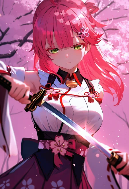 by [lack|fuzichoco|lam|kinta \(distortion\)|wlop|quasarcake|nixeu|happoubi jin],
sakura miko, 1girl, long hair, pink hair, folded ponytail, blunt bangs, (angry:0.6), (half-closed eyes:0.8), medium breasts, holding sword unsheathing, nontraditional miko, light particles, lens-flare, cinematic lighting, colored eyelashes, jirai kei, depth of field, deep glow effect, split theme, outdoors, tree shade, cherry blossoms,
masterpiece, best quality, very aesthetic, absurdres
<lora:illustrious_noobai_epsilon_pred_1_masterpieces_v1:1>
<lora:illustrious_noobai_epsilon_pred_1_best_quality_v1:1>