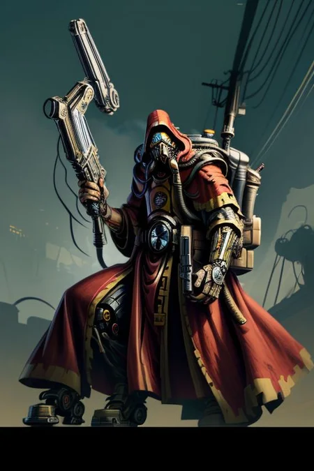 ((masterpiece,best quality)), absurdres, BREAK
mechanical arms, robes, hood, BREAK
((techpriest)), cyborg, mechanical face, mechanical limbs, gas mask, mechanical tentacles, (mechanical backpack), BREAK
1other, solo, holding pistol, firearm, handgun, pistol, gun, BREAK
factory background, smoggy sky, air pollution, smokestacks, BREAK
(comic character)