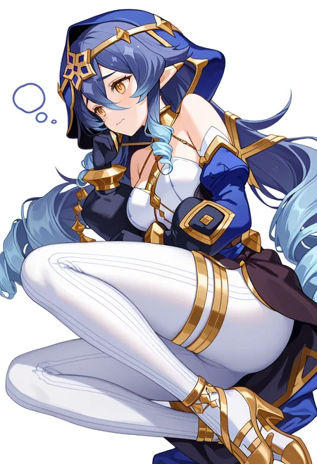 masterpiece,high quality details, absurdres,
<lora:Layla:0.8>
layla_cnr, 1girl, blue hair,very long hair, twin drills, drill locks, pointy ears, yellow eyes, hair between eyes, sidelocks,medium breasts,
hood up, dress, detached sleeves,puffy long sleeves,bare shoulders,black gloves, thighlet,claw ring,gold choker, gold trim,high heels, white pants,, simple background, white background, sideways,solo,, thinking,wavy mouth,