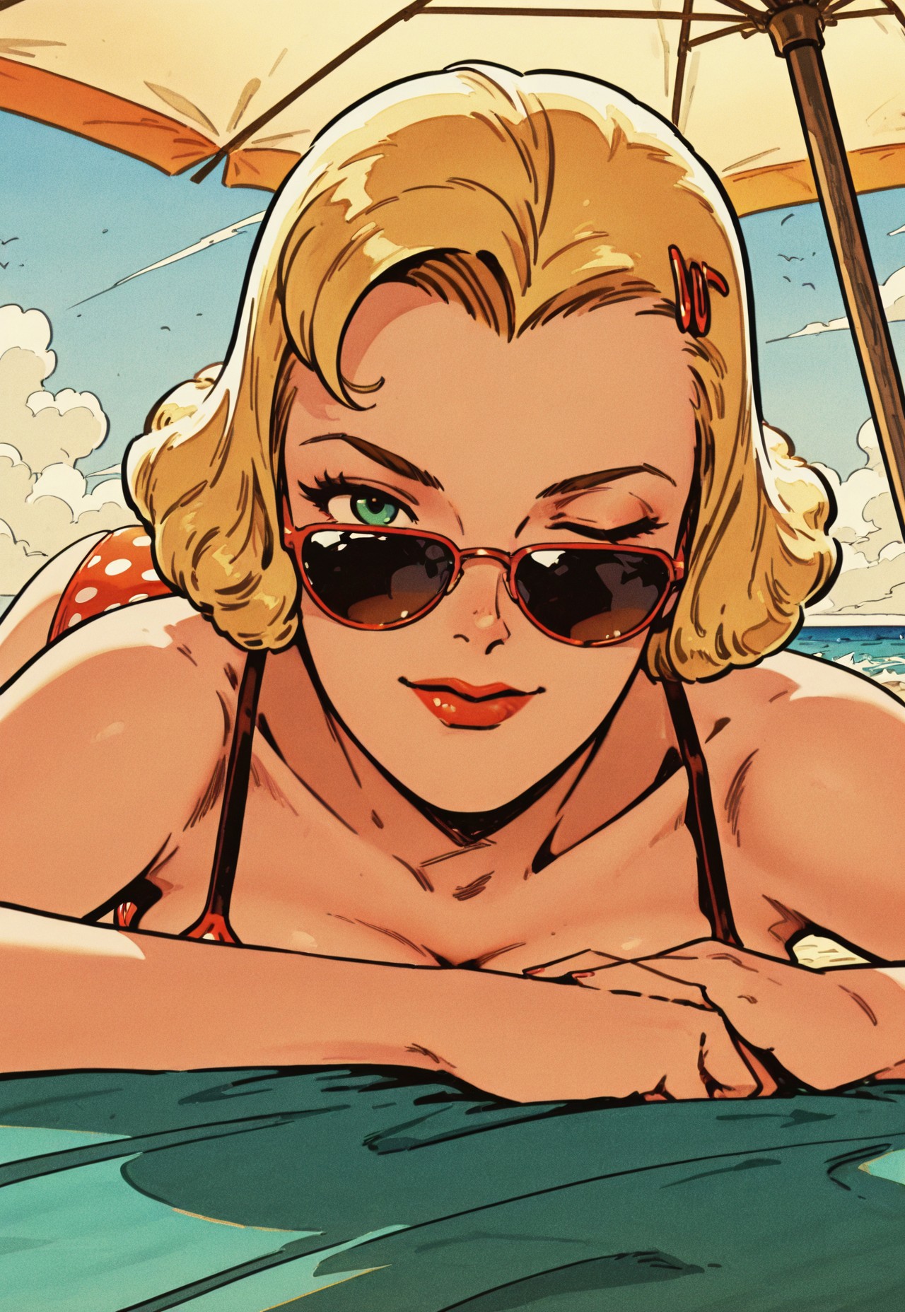 safe_pos, 1girl, solo, pin-up girl, wearing 1950s swimsuit, polka dots, red lipstick, curly blonde hair, green eyes, BREAK,

lying on a beach towel, seductive pose, playful expression, looking at viewer, (sunglasses down, one eye closed, wink:1.5), BREAK,

outdoors, 1950s beach, sunny day, ocean waves, vintage umbrella in the background, BREAK,

vintage romance comic, muted colors, neutral palette, sepia tones, ink crosshatching, Art Deco, Art Nouveau curves, official style, original art style, (safe_pos, fine texture, masterpiece, ultra-detailed, very aesthetic, absurdres, volumetric lighting, scenery), BREAK.