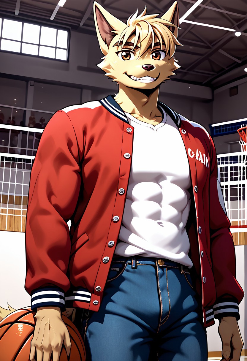 score_9, score_8_up, score_7_up, score_6_up, score_5_up, score_4_up, source_anime, source_furry, zPDXL3, furry_diffusion, masterpiece, unparalleled masterpiece, flat colors, intricate details, beautiful vibrant colors, depth of field, chromatic aberration, detailed fur, best quality, amazing quality, 4k, HD, shiny fur, <lora:DanielDxO_PXL-05:0.7>, daniel, dingo boy, dog tail, blond fur, blond hair, short hair, muscular, athletic build, abs, toned ass, pectorals, large pectorals, solo, 1boy, furry male, brown eyes, detailed background, basketball court, white shirt, taut shirt, jeans, red jacket, letterman jacket, open jacket, upper body, close-up, male focus, holding basketball, looking at viewer, smile, teeth, feet out of frame, veiny biceps, veins, low angle, posing