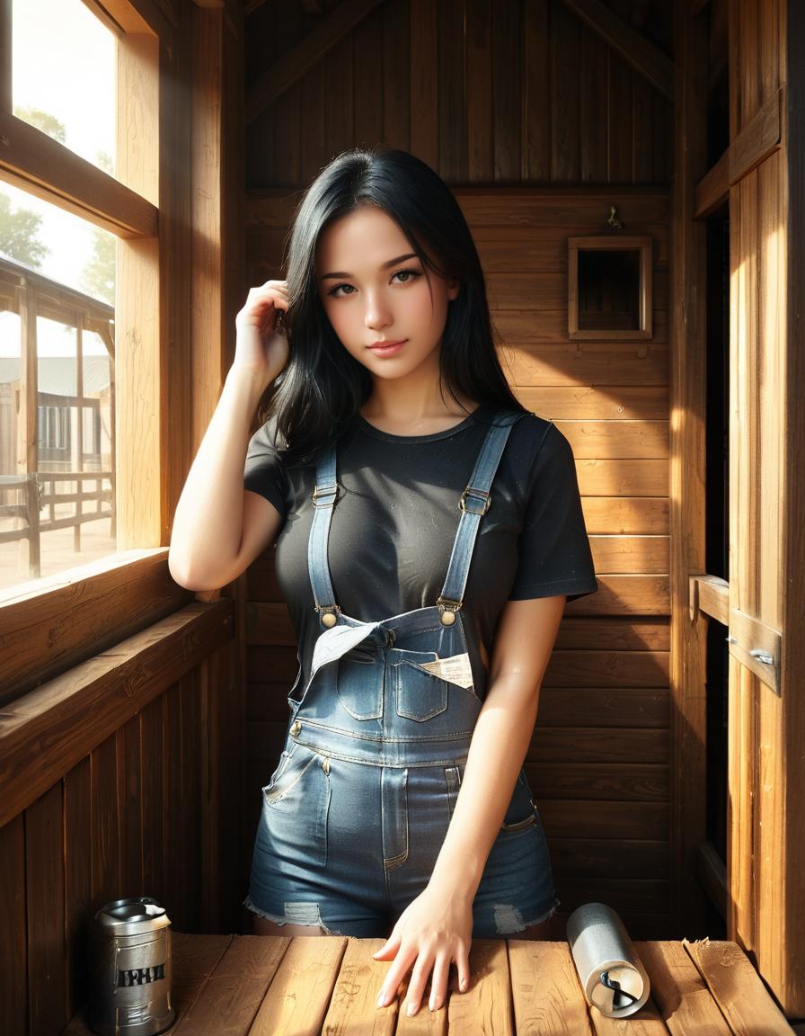 looking at viewer,A woman,straight long black hair,  standing inside a rustic horse stall,h0rs3 st4ll, wearing a dusty and slightly worn denim work overall a black shirt. She has a focused expression on her face.The light filtering in through the wooden slats of the barn creates a warm, golden glow, highlighting small specks of dust floating in the air. In the background, the stall walls are made of aged wooden planks, and a horseâs head can be faintly seen peeking through the open top of the adjacent stall. The atmosphere is earthy and authentic, emphasizing rural farm life. The style is realistic with high attention to detail, natural lighting, and a cozy, slightly nostalgic tone.<lora:SDXLFaeTastic2400:0.4> <lora:extremely_detailed:0.4> extremely detailed, <lora:h0rs3_st4ll:1>, Masterpiece,best quality,hi res,8k,hi res,8k,award winning,(sharp focus, intricate, highly detailed),