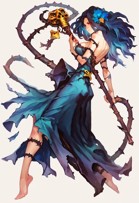 score_9,score_8_up,score_7_up,score_6_up,source_anime,<lora:Vanillaware_XL:1>,solo,1girl,thin,petite,from side,full body,blush,multicolored hair,red eyes,serious,long hair,cleavage,blue hair flower,large breasts,long dress,multicolored dress,torn clothes,bare shoulders,bare legs,bare arms,black thorns,skull staff,simple background,white background,