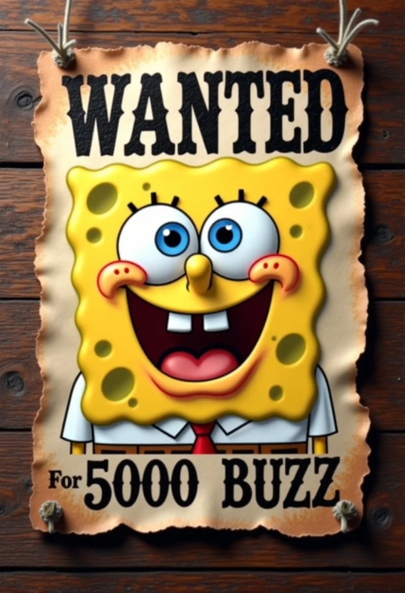A detailed wanted poster featuring spongebob with a goofy but mischievous expression. His face is the main focus, with large, surprised eyes and a slightly open mouth. The poster has an old, weathered parchment texture, with 'WANTED' in bold, Western-style letters at the top. Below, in rugged, hand-drawn font, it states 'Wanted for 5000 Buzz.' The background is slightly torn, coffee-stained, and pinned to a wooden surface. Cinematic lighting with a vintage Wild West feel.spongebobs1