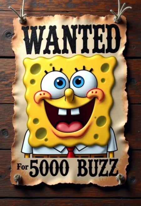 A detailed wanted poster featuring spongebob with a goofy but mischievous expression. His face is the main focus, with large, surprised eyes and a slightly open mouth. The poster has an old, weathered parchment texture, with 'WANTED' in bold, Western-style letters at the top. Below, in rugged, hand-drawn font, it states 'Wanted for 5000 Buzz.' The background is slightly torn, coffee-stained, and pinned to a wooden surface. Cinematic lighting with a vintage Wild West feel.spongebobs1