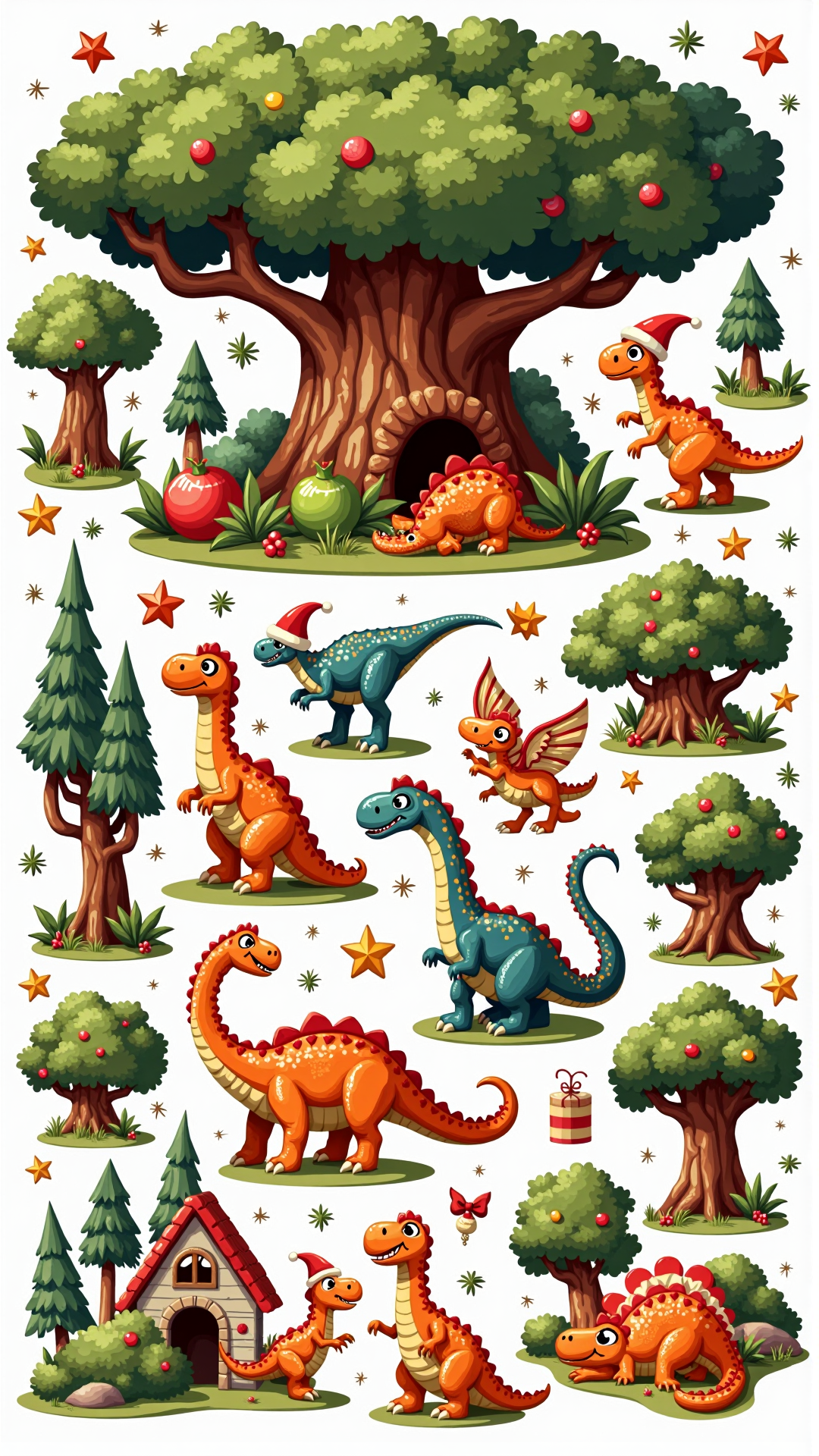 clipart sheet christmas-themed graphic of a prehistoric park with enormous trees, dinosaurs resting under shaded spots
<lora:ChristmasIconsFlux:0.9>