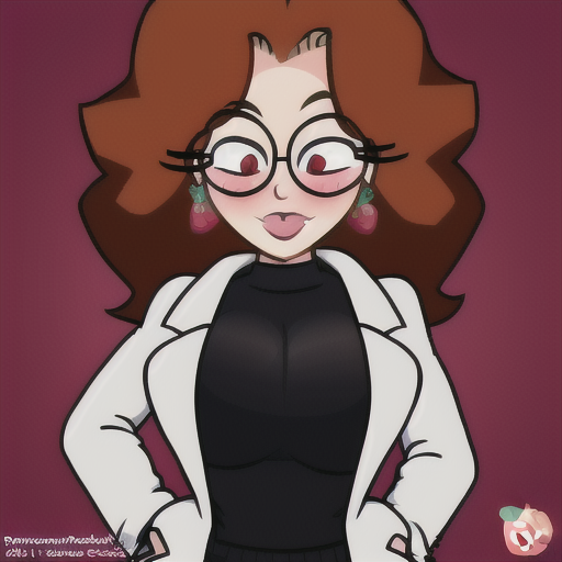 Peachypop34, Cherri, LabCoat, Round Glasses,  Cleavage, Brown eyes, Brown Hair, Jewelry, Earrings, Hair over one eye, Mole, <lora:PeachyPop34 Style Lohcon-step00219000:1>