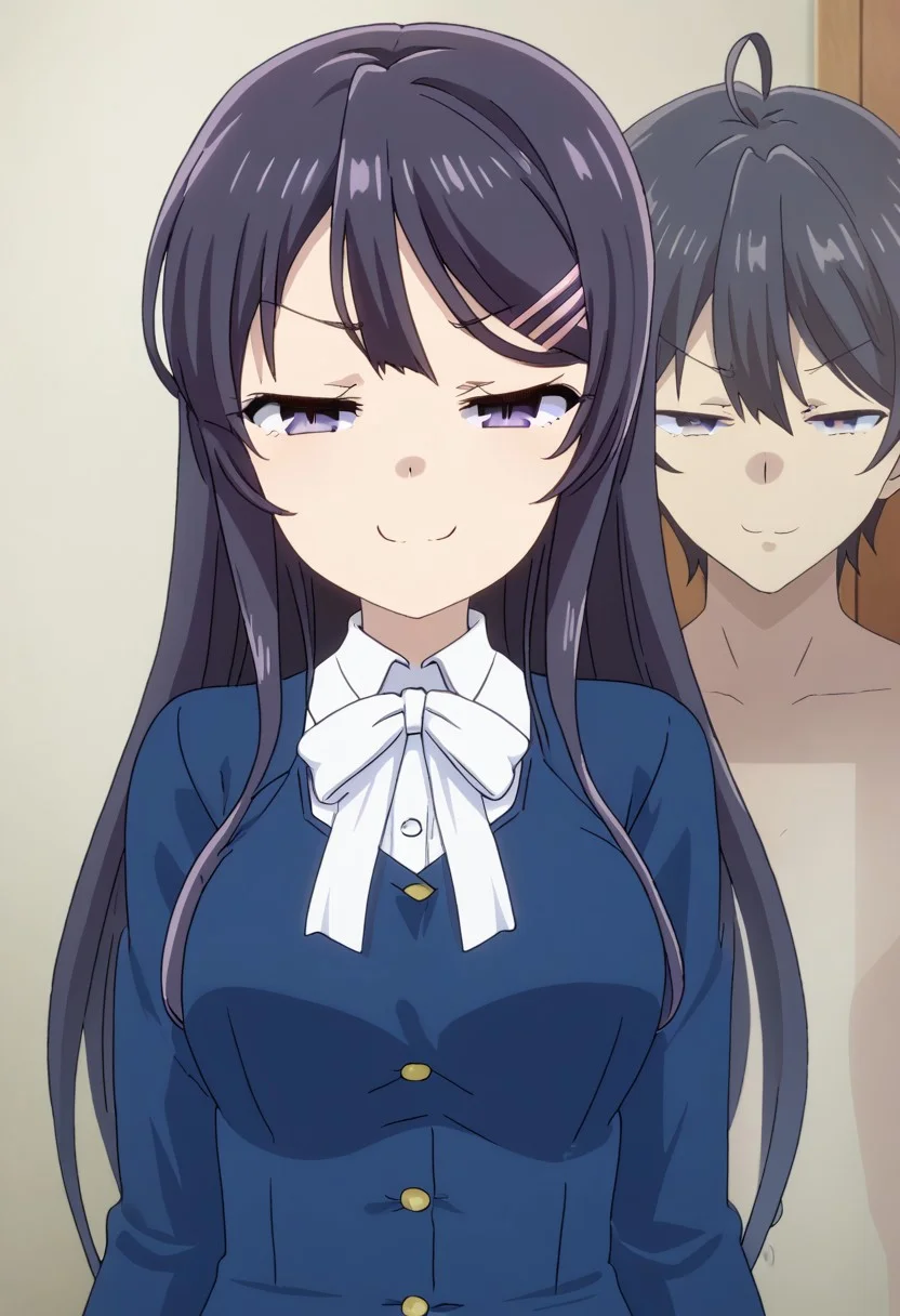 possessed,(see-through male),matching pose,
mai sakurajima,1girl,solo,long hair,
standing, looking at viewer,
smug, half-closed eyes, round breasts,