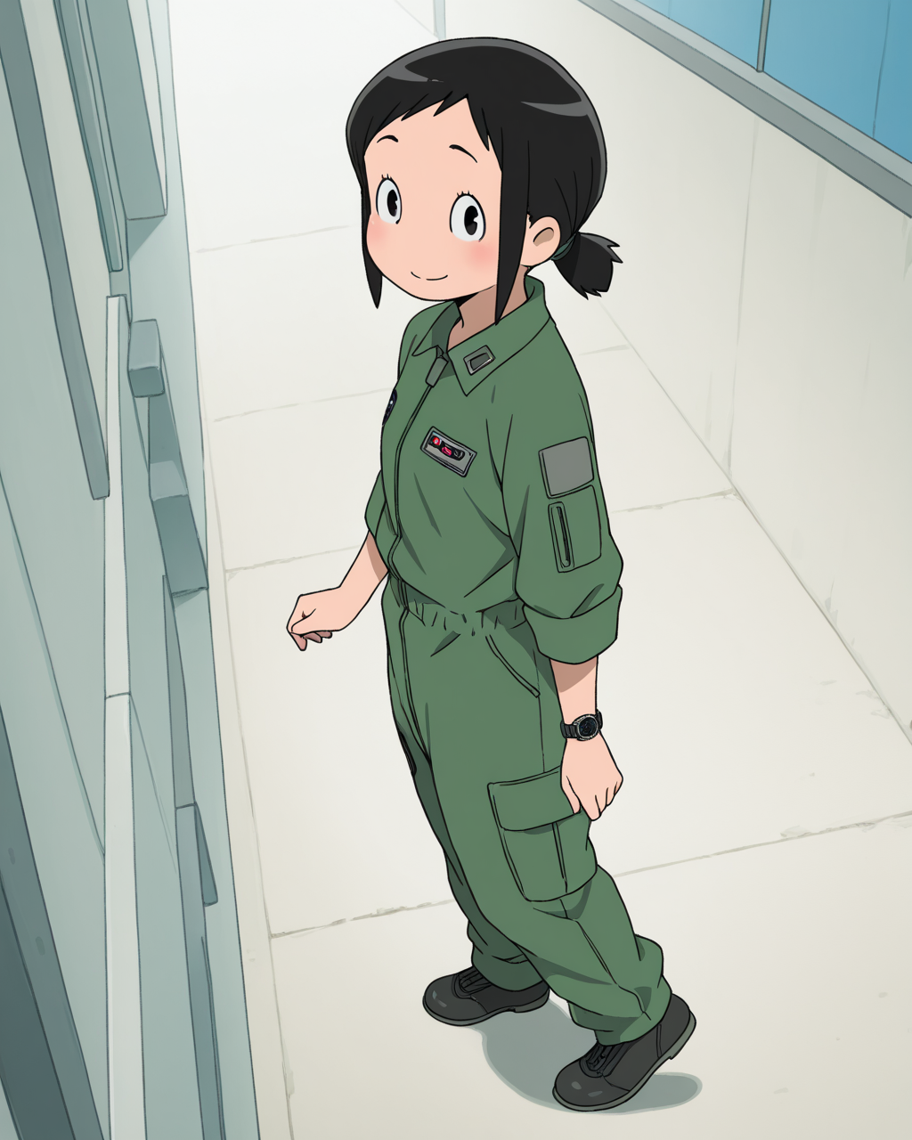 (masterpiece:1.4), (best quality:1.4),  very aesthetic, newest,best quality, amazing quality, absurdres,
amakasu_hisone, 1girl, solo,  blush, short hair, ponytail,  black hair,  black eyes, sidelocks,
smile, standing, full body, looking at viewer,
military uniform, black shoes, jumpsuit,green pants,one wristwatch, 
walking,looking at viewer,indoor,military base,from side
 <lora:hisone:1>