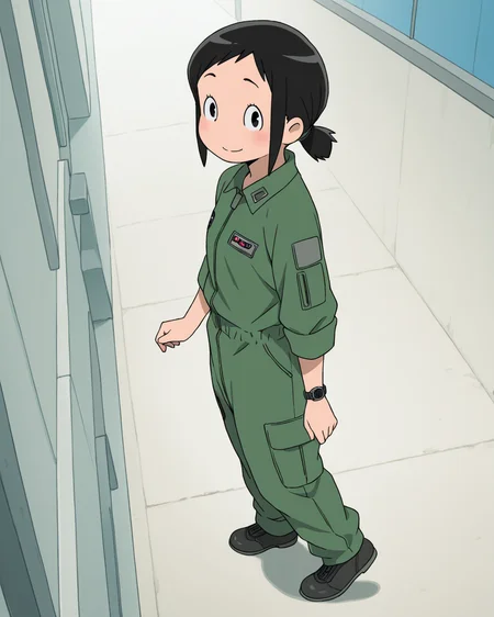 (masterpiece:1.4), (best quality:1.4),  very aesthetic, newest,best quality, amazing quality, absurdres,
amakasu_hisone, 1girl, solo,  blush, short hair, ponytail,  black hair,  black eyes, sidelocks,
smile, standing, full body, looking at viewer,
military uniform, black shoes, jumpsuit,green pants,one wristwatch, 
walking,looking at viewer,indoor,military base,from side
 <lora:hisone:1>