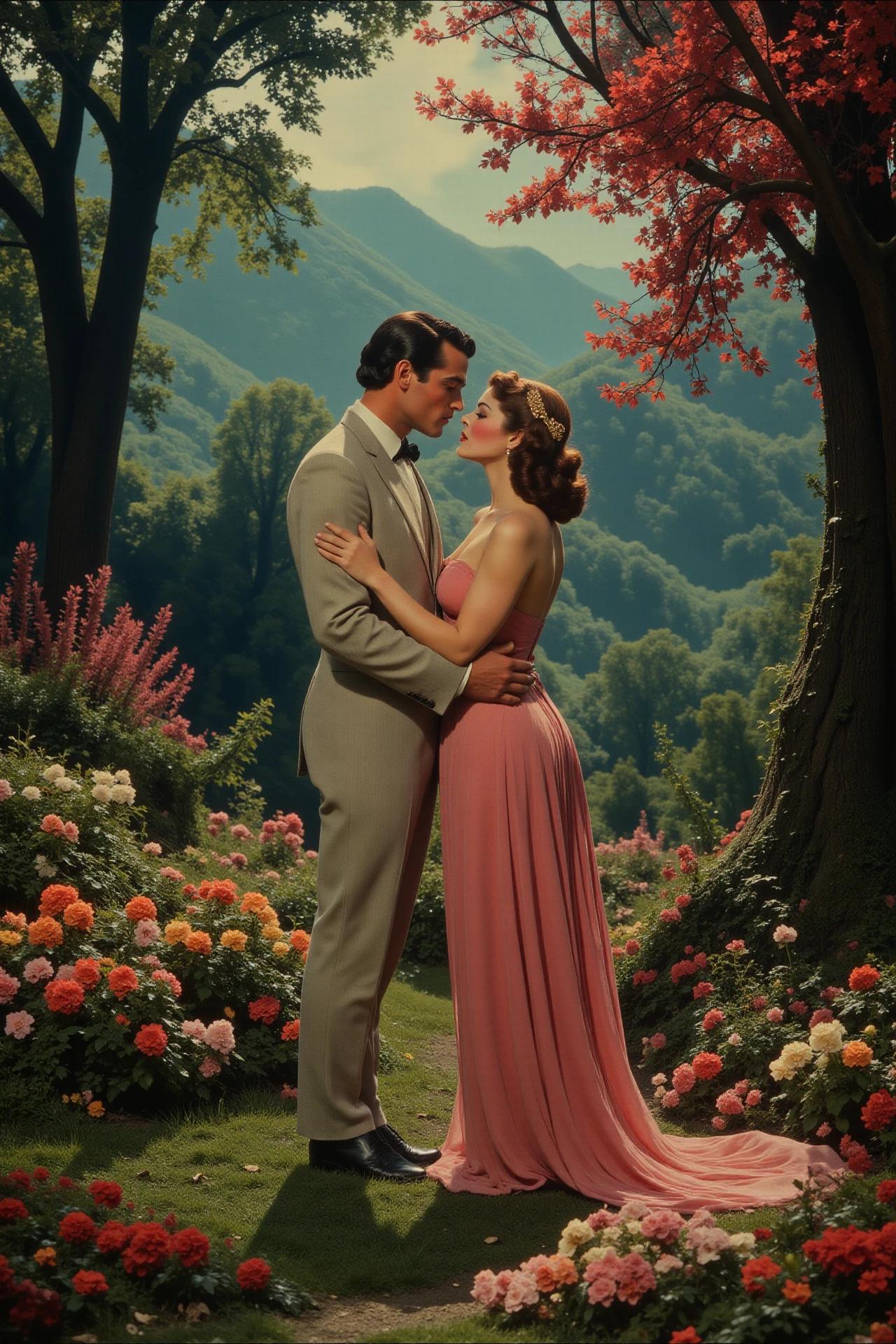 a couple of lovers kissing in a lovely garden on Valentine's Day beautiful  landscape, morning, very intricate, very detailed, sharp, bright, colorful, <lora:Hand v2:0.5> <lora:Anti-Blur:1><lora:Insane Detail Slider:0.25>  <lora:flux.1_lora_flyway_Epic-detail_v2:0.3> <lora:fluxenhancer:0.25> <lora:30sTechnicolorMovieV2:1> ArsMovieStill, movie still from a 1930s technicolor movie