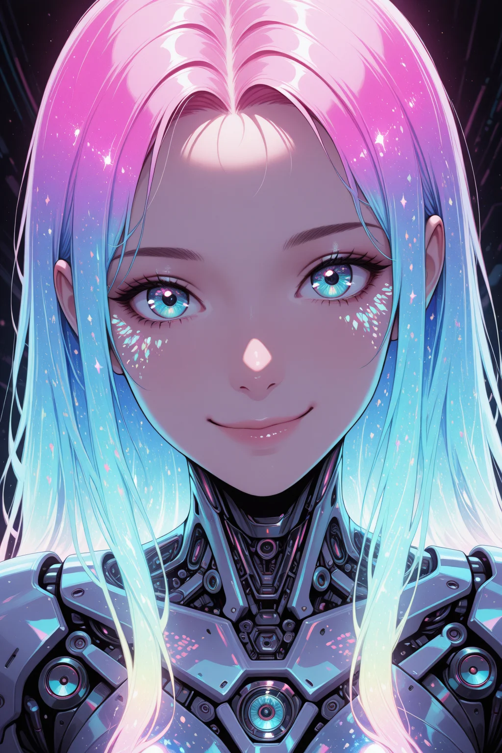 embedding:lazypos, (flat colors,gradient,retro colors:1.2),sketch,abstract,dynamic angle,8K,depth of field,focused subject, 1girl,cyber woman,smiling happily,cyborg cybernetic enhancement,holographic,holofoil glitter,faint,glowing,ethereal,neon hair,glowing hair,long hair,looking at viewer,smooth brushwork,sharp edges,mechanical designs,sharp focus,face closeup,closeup to face,cyberpunk background <lora:TrendCraft_The_Peoples_Style_Detailer-v1.0A-3_13_2025-illustrious:0.2>