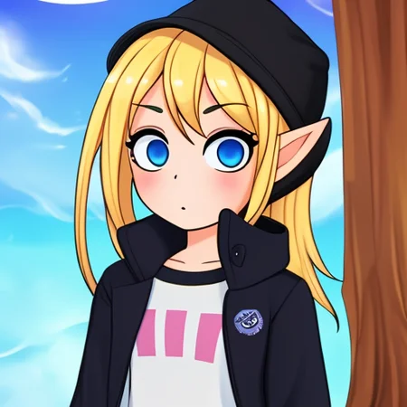 little girl elf, blonde, blue eyes, outdoor,black jacket, white shirt