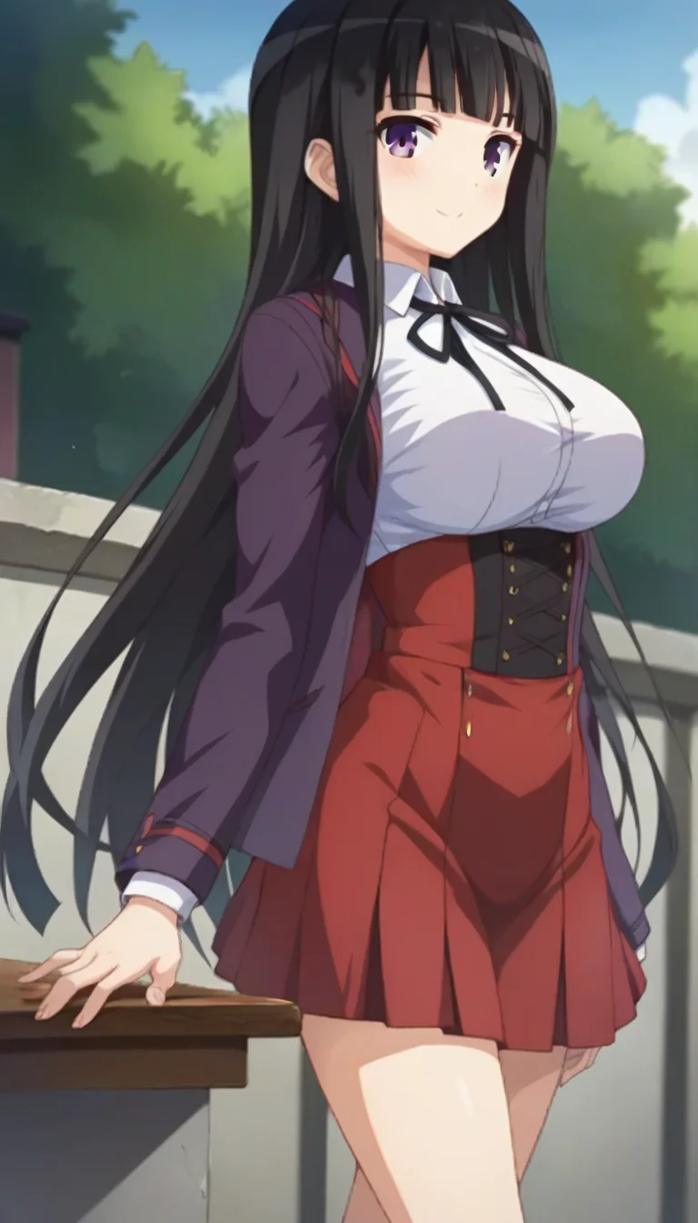 score_9,score_8_up,score_7_up,score_6_up BREAK official art,solo,outdoors,cowboy shot,looking at viewer,facing viewer,smile,blush,(petite:2),Kotoko Miura,very long hair,black hair,hime cut,blunt bangs,purple eyes,school uniform,purple jacket,white shirt,collared shirt,neck ribbon,black ribbon,large breasts,underbust,long sleeves,shirt tucked in,red skirt,high-waist skirt,black socks,uwabaki,white footwear,<lora:Kotoko Miura(jk ohaborssg)-Pony:1.4>,