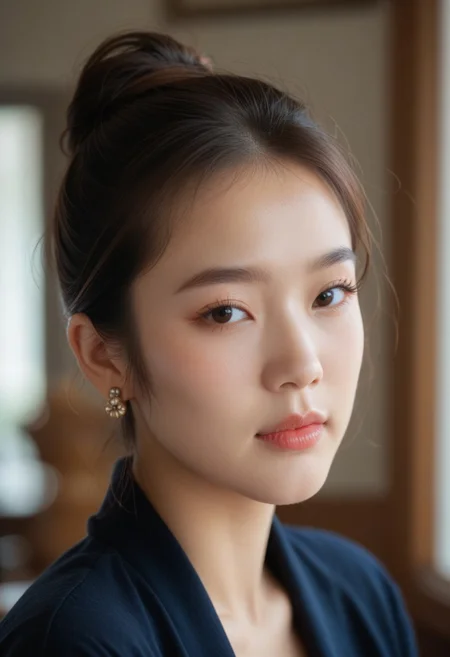 score_9, score_8_up, score_7_up, ladyburns, sideburns, 1girl, solo, jewelry, earrings, blurry, brown hair, asian,