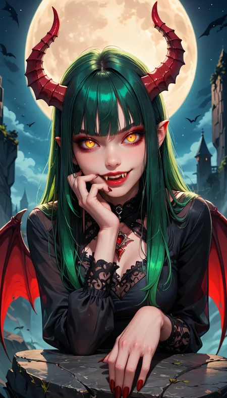 score_9, score_8_up, score_7_up, Portrait, cute succubus girl, glossy red skin, seductive, innocent, light smile:0.3, plump lips, slender body, sitting over a rock, gothic, large demon red wings high resolution textures, long green hair, abstract art, half demon, yellow iris, cat eyes, vampire very long fangs, demon horns, moonlight passing through hair, full moon background, 4n1v3rs3, depth of field, dynamic angle, fashion photography, sharp, hyperdetailed:1.15