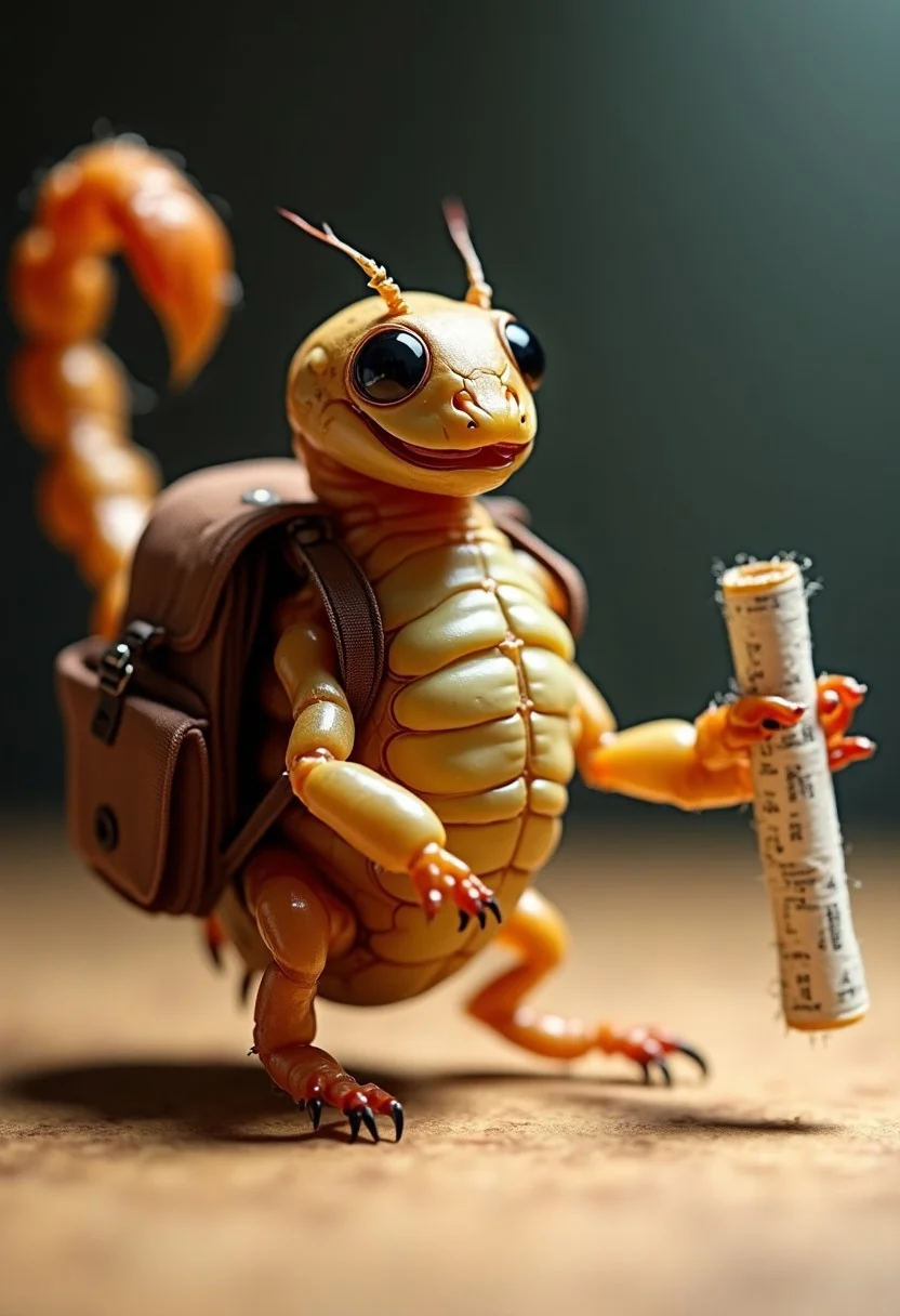 An actual scorpion, depicted realistically, dressed for its first day at school. Its natural anatomy is fully intact: a shiny, segmented exoskeleton, arched tail with a stinger, and detailed pincers. ((The scorpion wears a tiny, well-fitted backpack ))strapped securely to its body, designed to match its natural proportions. One of its pincers delicately holds a rolled-up school map or schedule.
miniature classroom with desks, chairs, and books scaled down to match the scorpion’s size. ((scorpion)). Soft lighting accentuates the intricate details of its natural form, from the ridges on its exoskeleton to the sharpness of its pincers. The scorpion’s stance and accessories add a whimsical touch, but its form and features remain fully scorpion-like, ensuring no human traits are implied