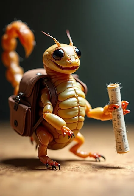 An actual scorpion, depicted realistically, dressed for its first day at school. Its natural anatomy is fully intact: a shiny, segmented exoskeleton, arched tail with a stinger, and detailed pincers. ((The scorpion wears a tiny, well-fitted backpack ))strapped securely to its body, designed to match its natural proportions. One of its pincers delicately holds a rolled-up school map or schedule.
miniature classroom with desks, chairs, and books scaled down to match the scorpion’s size. ((scorpion)). Soft lighting accentuates the intricate details of its natural form, from the ridges on its exoskeleton to the sharpness of its pincers. The scorpion’s stance and accessories add a whimsical touch, but its form and features remain fully scorpion-like, ensuring no human traits are implied