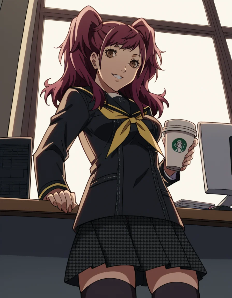 score_9, score_8_up, score_7_up, source_anime, <lora:rise-kujikawa-s1-ponyxl-lora-nochekaiser:1>, rise kujikawa, long hair, red hair, twintails, brown eyes, medium breasts,, skirt, thighhighs, school uniform, serafuku, zettai ryouiki, yasogami school uniform,, home office, working from home, computer screen, coffee cup, focus, deadline, , looking at viewer, smile, from below, solo,, cowboy shot, dutch angle