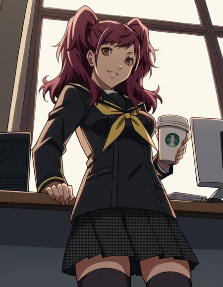 score_9, score_8_up, score_7_up, source_anime, <lora:rise-kujikawa-s1-ponyxl-lora-nochekaiser:1>, rise kujikawa, long hair, red hair, twintails, brown eyes, medium breasts,, skirt, thighhighs, school uniform, serafuku, zettai ryouiki, yasogami school uniform,, home office, working from home, computer screen, coffee cup, focus, deadline, , looking at viewer, smile, from below, solo,, cowboy shot, dutch angle