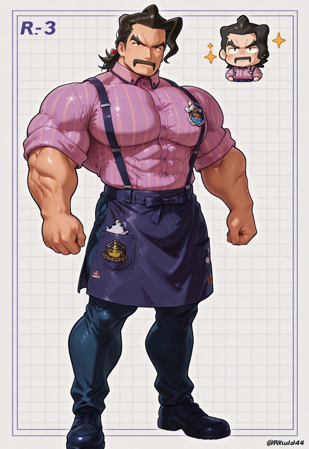 score_9, score_8_up, score_7_up,source_game,,high quality,best quality, newest, highres,(r0kud3n4shi:1.5),Saguaro,square face,orange eye,(muscular male:2), ,(purple stripe shirt:1.5),suspenders,(navy half apron:1.3),blue pants,,full body