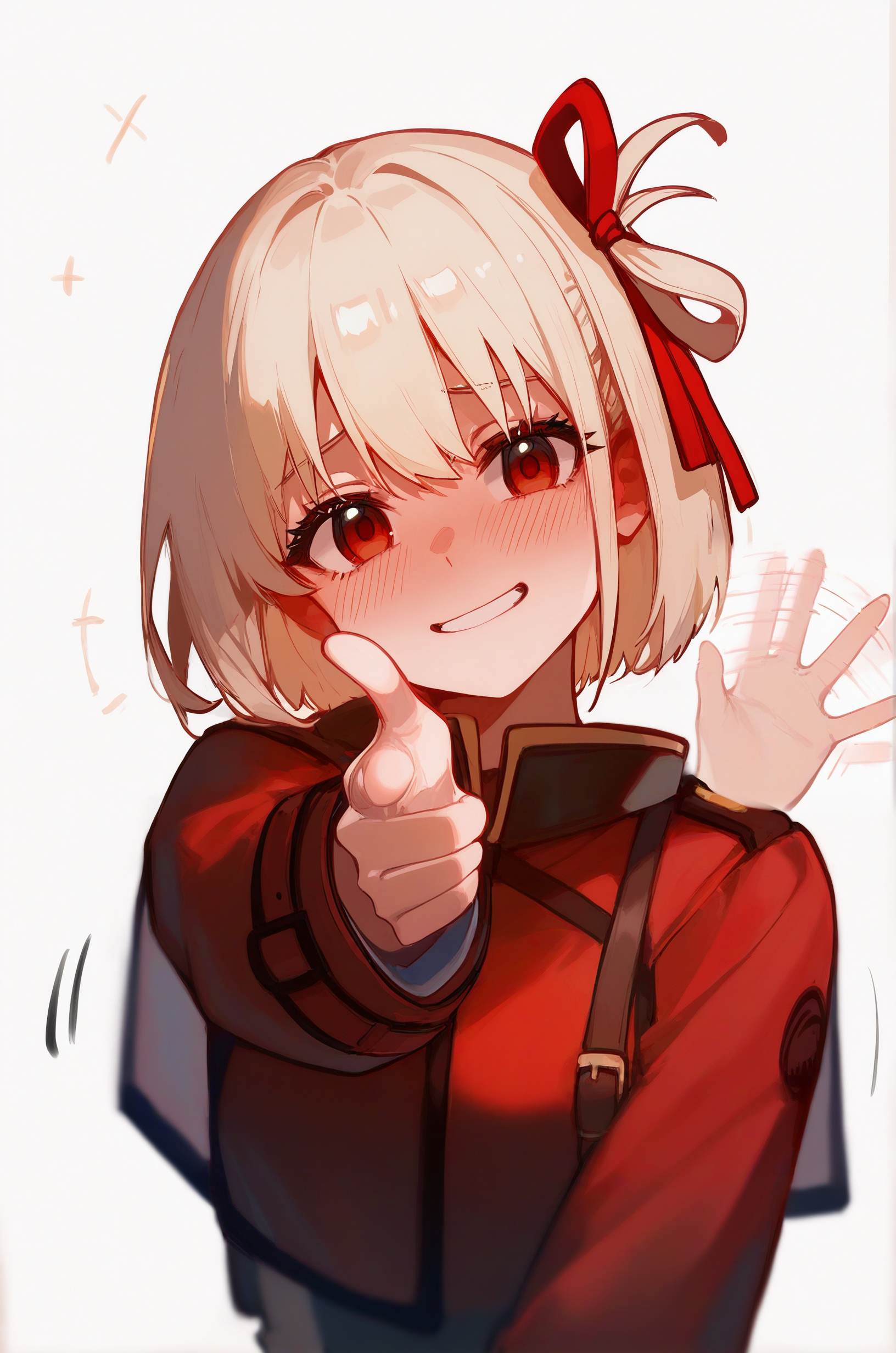 1girl, nishikigi chisato, lycoris recoil, general, pointing at viewer, finger gun, embarrassed, full-face blush, arm at side, upper body, cover, nervous smile, head tilt, straight-on, midair, motion lines, simple background, axsen, ciloranko, masterpiece, best quality, very awa, newest, absurdres, highres, red eyes, (empty eyes:1.5), hand focus, fashion, (waving:1.3), <lora:ponyv5_noobV065S_1_adamW-000013:1.00>
