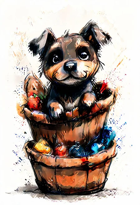 impactful color paint of cute drawing of a puppy in a wicker basket, sofa, pillows, highly detailed, 8k, sharp, professional, clear, high contrast, crystal clear