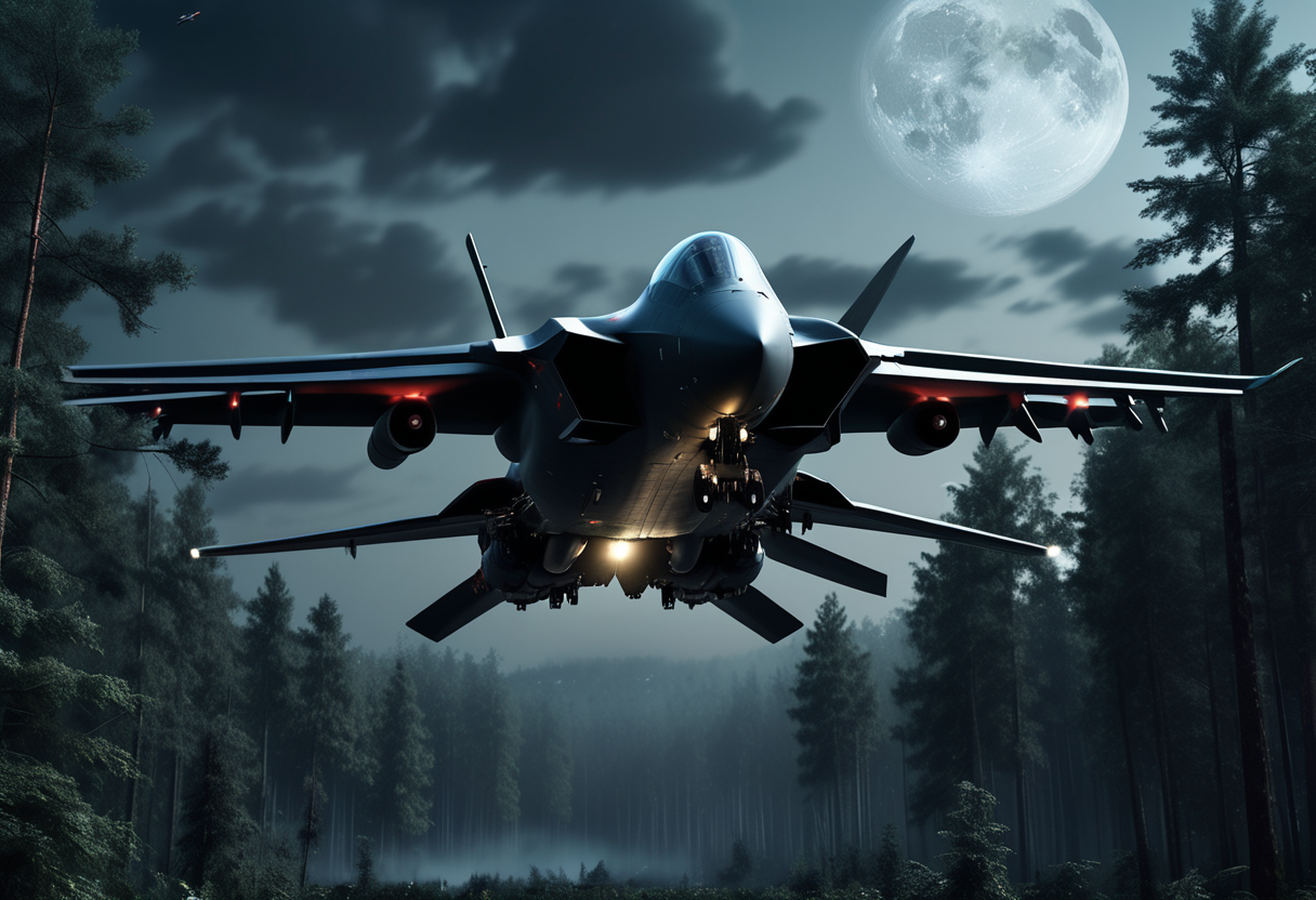 (medium full shot) of (heavily armored heavy matte-black military plane) with reinforced-steel body, turbojet engines, delta wing, missile hardpoints, flying over  conducting a search-and-rescue operation in the forest, the military plane scanning the area for signs of life, during a mission, under the moonlight, Masterpiece,best quality, photo, realistic, very aesthetic,